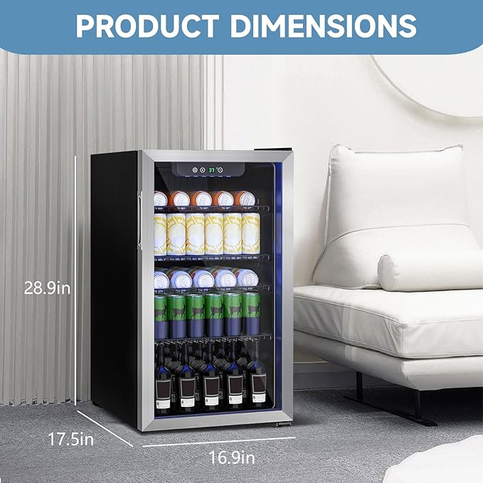 3.1 Cubic Feet Mini Fridge,110 Can Freestanding Beverage Refrigerator with Glass Front Door for Soda, Beer Under Counter Small Refrigerator with Adjustable Shelves and Digital Display(Silver)