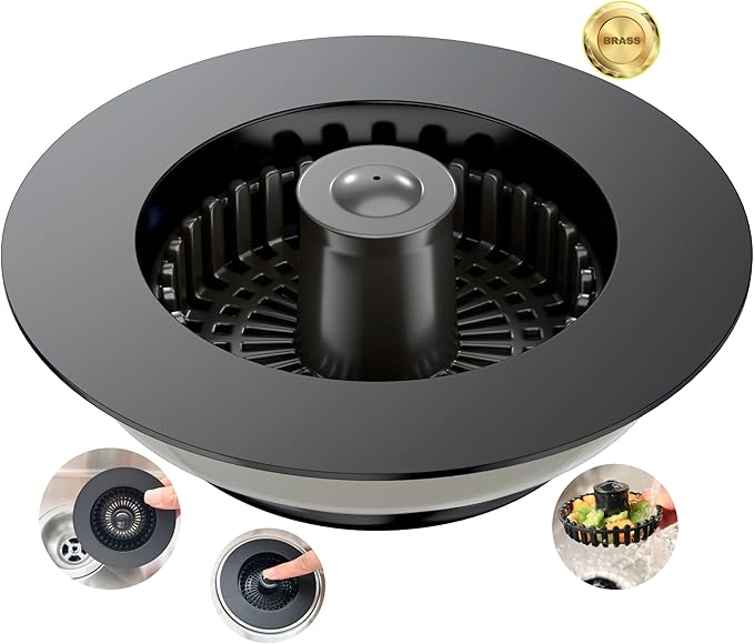 Sink Drain Strainer, 3 in 1 Kitchen Sink Drain Strainer, Kitchen Sink Stopper, Sink Drain Stopper, Sink Strainer with an Extra Anti-Clog Basket for US Standard 3-1/2'' Sink Hole, Brass Material Black