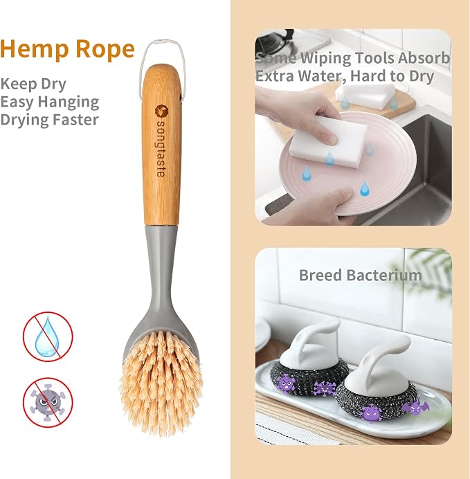 2 Pack Kitchen Dish Brush Bamboo Handle Dish Scrubber Built-in Scraper | Scrub - Image 2