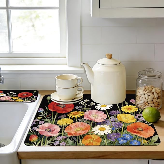 3 Pcs 2 Size Kitchen Sink Splash Guard Faucet Mat Wildflower Pattern Faucet Mats - Image 5