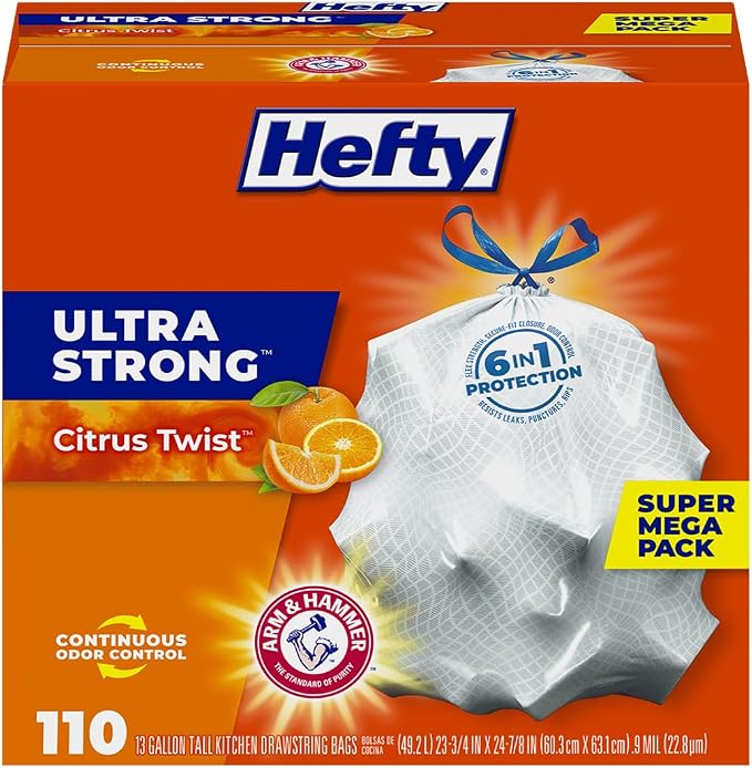 Hefty Ultra Strong 13 Gal Kitchen Trash Bags, Citrus Twist, 110ct | Bulk Pack by Hefty