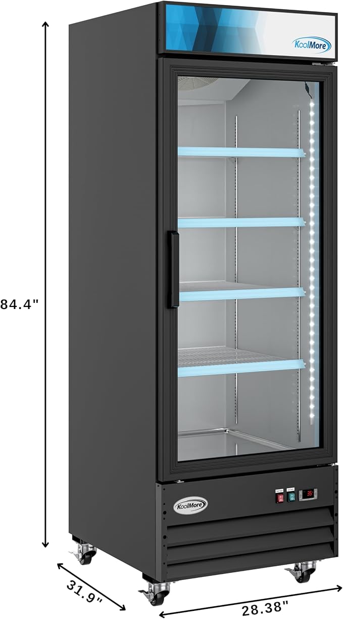 KoolMore MDR-1GD-23C Commercial Glass 1 Door Display Refrigerator Merchandiser - Upright Beverage Cooler with LED Lighting - 23 Cu. Ft., Black