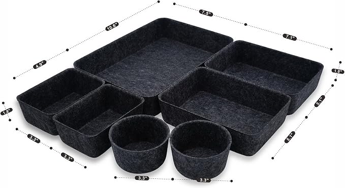 Welaxy Felt Drawer Organizer Bins 7-Piece Carbon Desk Storage Trays - Image 7