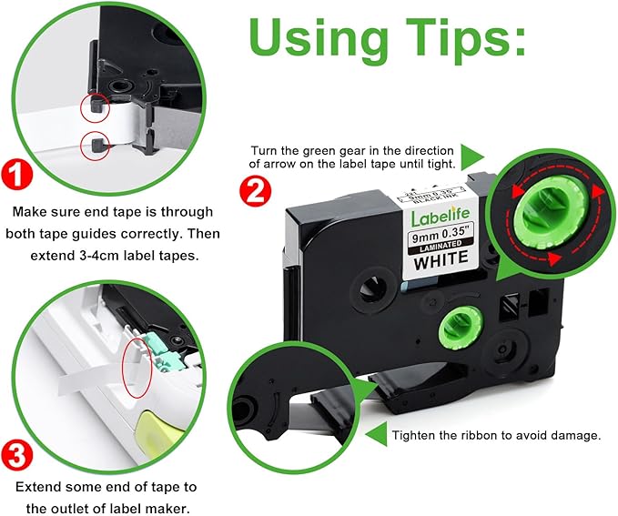 Labelife 9mm Label Tape TZe-221 Replace for Brother P Touch TZe TZ Tape 9mm 0.35 Laminated White Label Tape TZe221 Work for Brother Ptouch Label Maker PT-D210 PT-H110 PT-D220 PT-D400, 3/8 Inch, 4-Pack