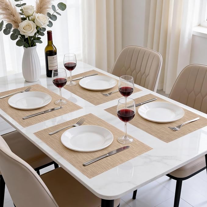 Timeet Placemats Set of 4, Heat Resistant Non-Slip Place Mats, Durable Washable PVC Vinyl Woven Table Mats, Linen Textured Table Placemats for Dining Kitchen Resistant Easy to Clean(Brown)