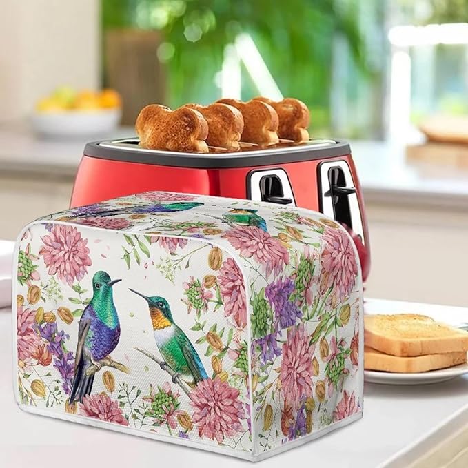 Hummingbird Floral Print Toaster 4 Slice Cover Fingerprint Protection Waterproof Toaster Dust Cover Kitchen Accessories Decor