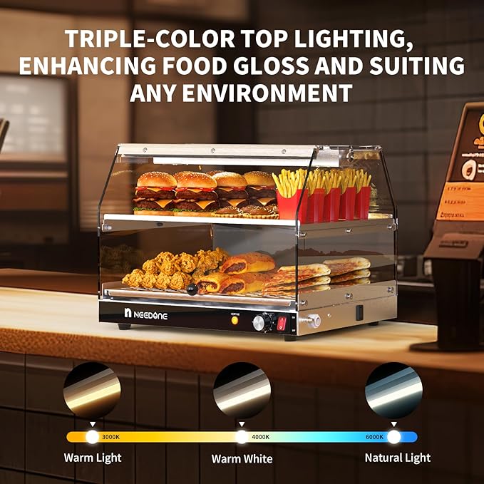 NEEDONE Commercial Food Warmer, Electric Pizza Food Heater Display Cabinet w/Adjustable Temperature, LED Lighting, Removable Racks, Countertop Pastry Display Case for Cafes, Buffet, Parties