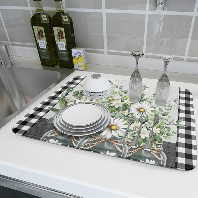 Daisy Floral Dish Drying Mat for Kitchen Counter Watercolor Flowers Absorbent - Image 6