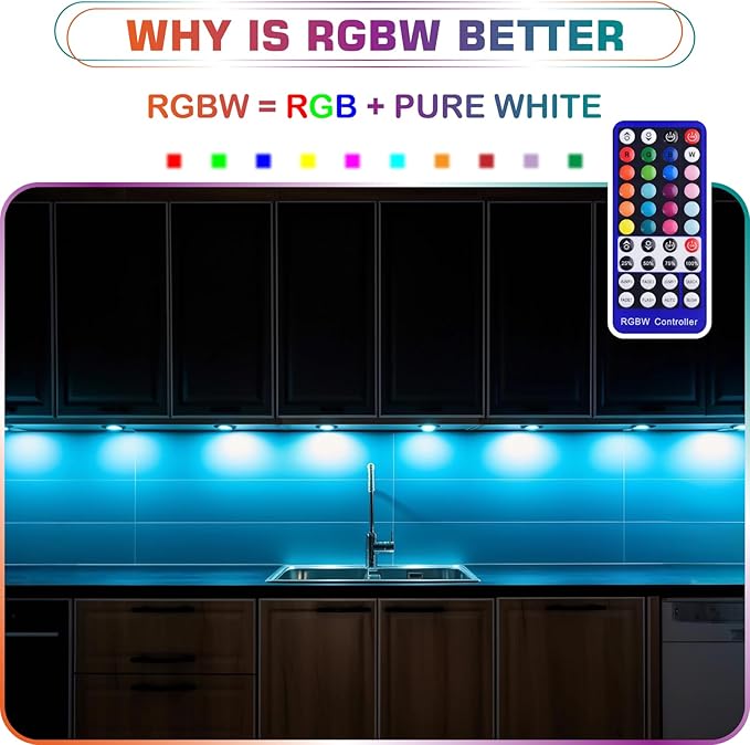 RGBWW Under Cabinet Display Cases LED Lighting, RGB & Pure Warm White, Daisy Chained Linkable Puck Light, Remote Dimmable, 120V to 12V Direct Hard Wired & Wall Plug in, 14 Lights