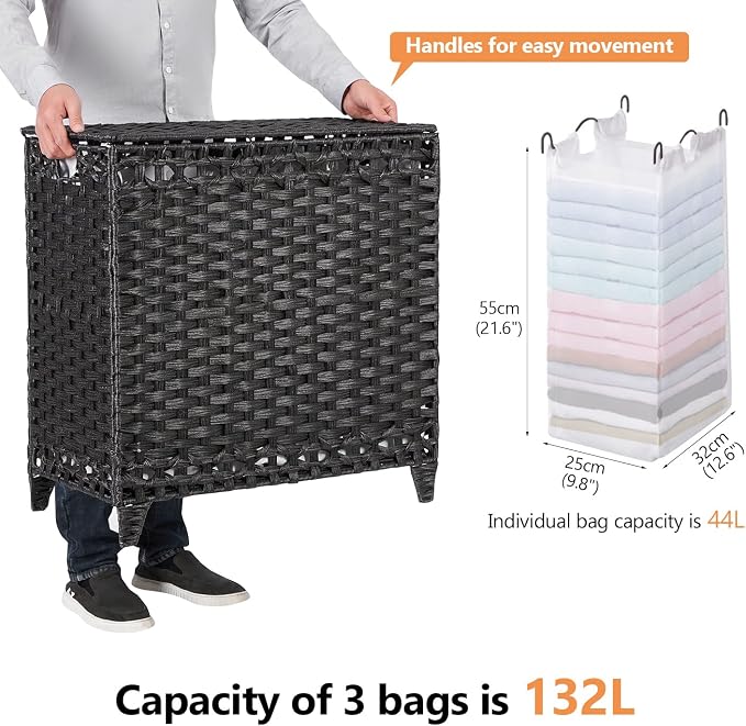 Laundry Hamper with 3 Removable Liner Bags, 132L Laundry Sorter with Lid - Image 4