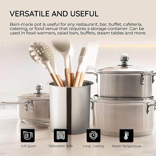 OCS Parts 4.25 Quart Bain Marie Pot | 7.75" x 6" Stainless Steel Pot for Warm or Cold Food, Sauces, Soups, or Organizing Cooking Utensils