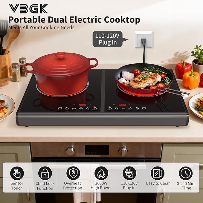 VBGK Electric Cooktop, 110V 3600w Stove top, 20 inch Countertop with 9 Power Levels, LED touch control Overheat Protection, Child Safety Lock & Timer, touch control 2 burer Electric cooktop