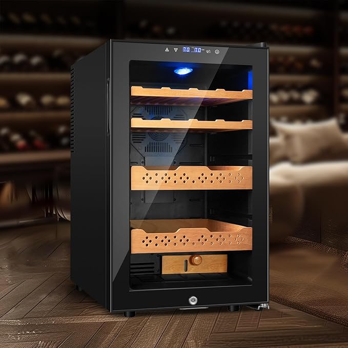 70L Electric Humidor – Large Capacity 400 Count Electric Humidor Cooler | Smart Temperature & Humidity Control | Spanish Cedar Wood Shelves, Digital LED Screen & Safety Lock | Gift for Men