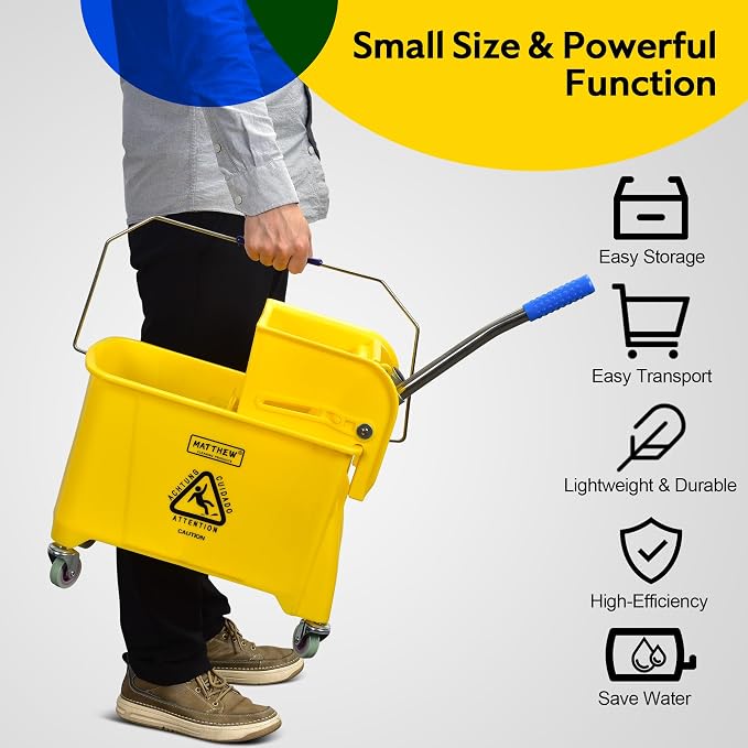 Matthew Cleaning 22 Quart Compact Mop Bucket INCL.2 Pack Mop Head - Image 7