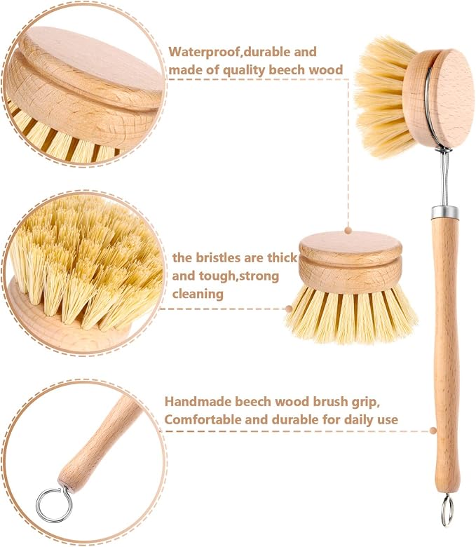Boao 3 Pack Dish Brush with Beechwood Handle with Replacement Heads Natural - Image 3