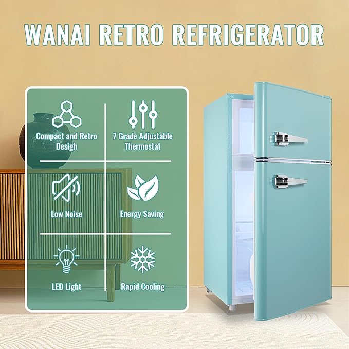 WANAI 3.5 Cu.Ft Mini Fridge with Freezer, Retro Small Refrigerator with 2 Handles, 7 Settings Temperature Adjustable, 2 Door Refrigerator for Office, Dorm, Bedroom, Apartment, Blue