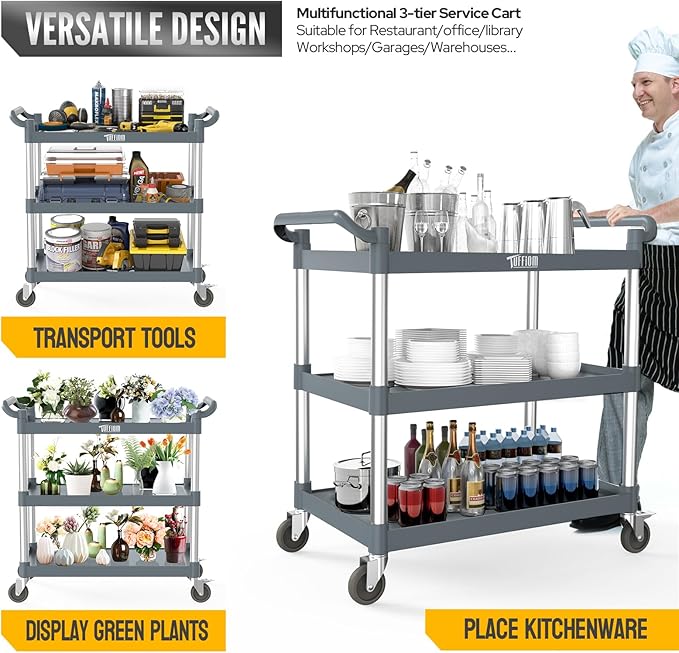 TUFFIOM Plastic Service Utility Cart with Wheels,Heavy Duty 450lbs Capacity, 3-Tier Commercial Rolling, Ideal for Restaurant, Foodservice, Office, Warehouse, Gray 40.4''L x 19.7''W x 38.6''H