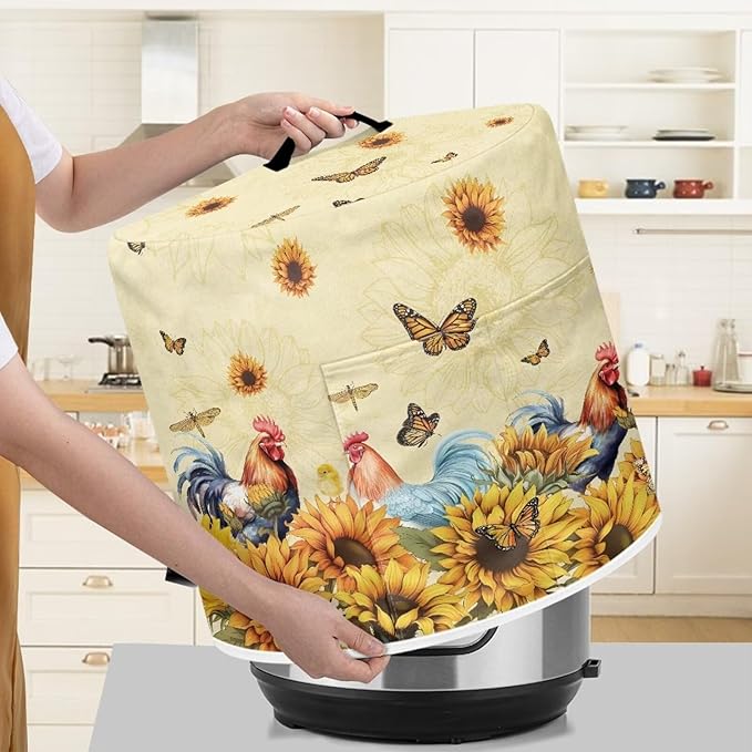 Flashideas Sunflower Chicken Pressure Cooker Cover for Women Insulated Rice Cooker Cover with Easy to Clean Lining Stain Resistant Dust Cover with Pockets for Instant Pot 6 Quart Appliance Cover