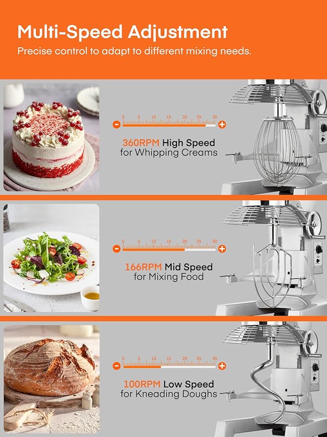 Commercial Mixer, 15/30QT Commercial Food Mixer, Dough Mixer with Stainless Steel Bowl, 3 Speeds Adjustable and Safety Guard, Dough Hook Whisk Beater Included, Ideal for Bakery Pizzeria (30QT)