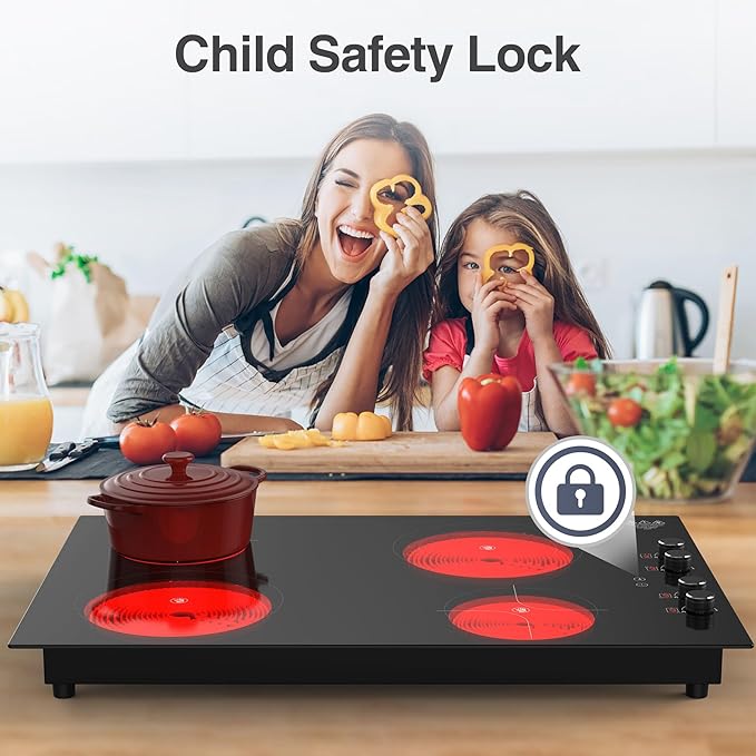 4 Burner Electric Cooktop,7200W Built-in & Countertop 4 Burner Electric Stove Top with 9 Power Levels, Child Safety Lock & 99mins Timer, 30 inch Electric Cooktop 220-240V (No Plug)