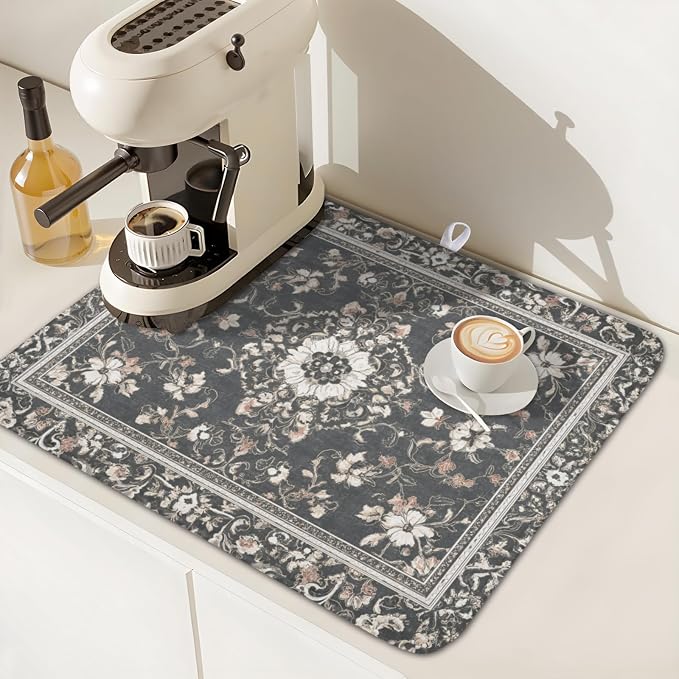 Giwawa Boho Floral Dish Drying Mat Grey Leaves Dishes Drainer Pad 16x18 Inch - Image 7
