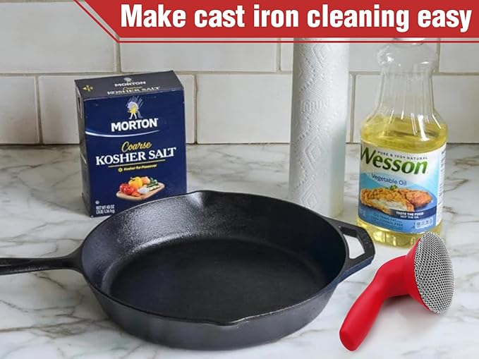 Cast Iron Cleaner Scrubber with Handle -3mm Welded Chain Mail Cast Iron Grill Scrubber Brush-Chainmail Sponge Scrub Cleaning Tool to Clean Skillets, Pan,Griddle, Wok