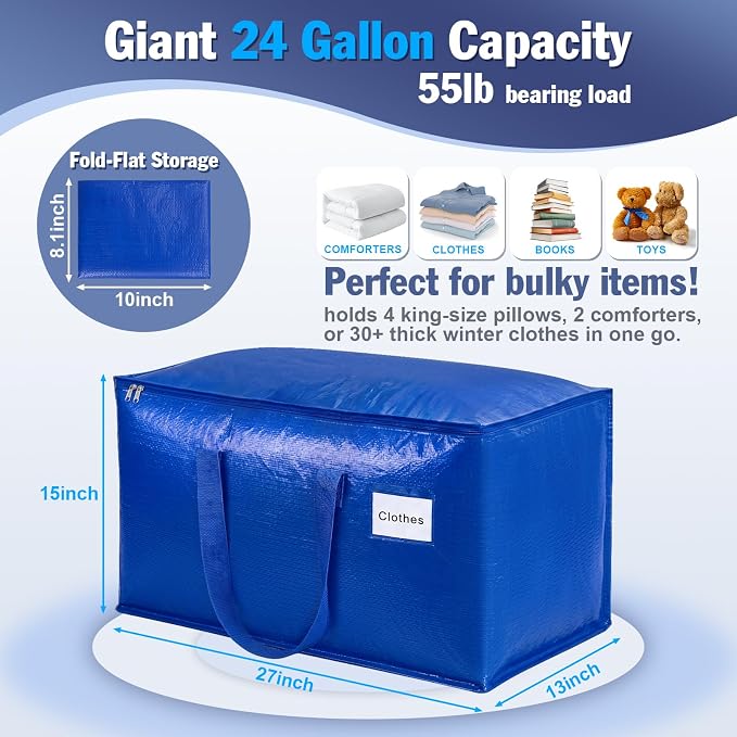 KYODOLED 4 Pack Blue Moving Bags, 24 Gal Large Storage Totes - Image 3