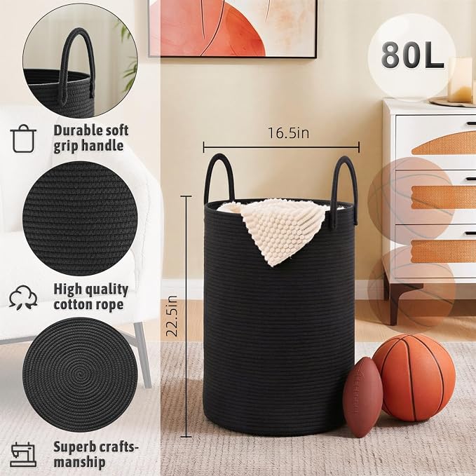 Artfeel Laundry Basket, Woven Cotton Rope Laundry Hamper, 80L - Image 6
