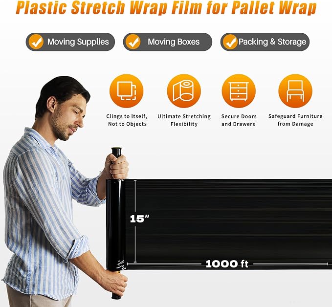 Black Stretch Wrap Shrink Film for Moving Supplies x 1000ft, Industrial - Image 6
