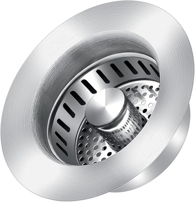 Sink Drain Strainer Screen with Spring-Loaded Core, Universal Press-Down Type Leak-Stop Plug for Kitchen Sink Dish Washing Basin Drain Assembly (Stainless Steel)