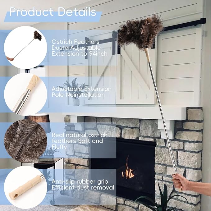 THARAHT Extendable Ostrich Feather Duster up to 27-94 inches Fluffy Feathers - Image 3