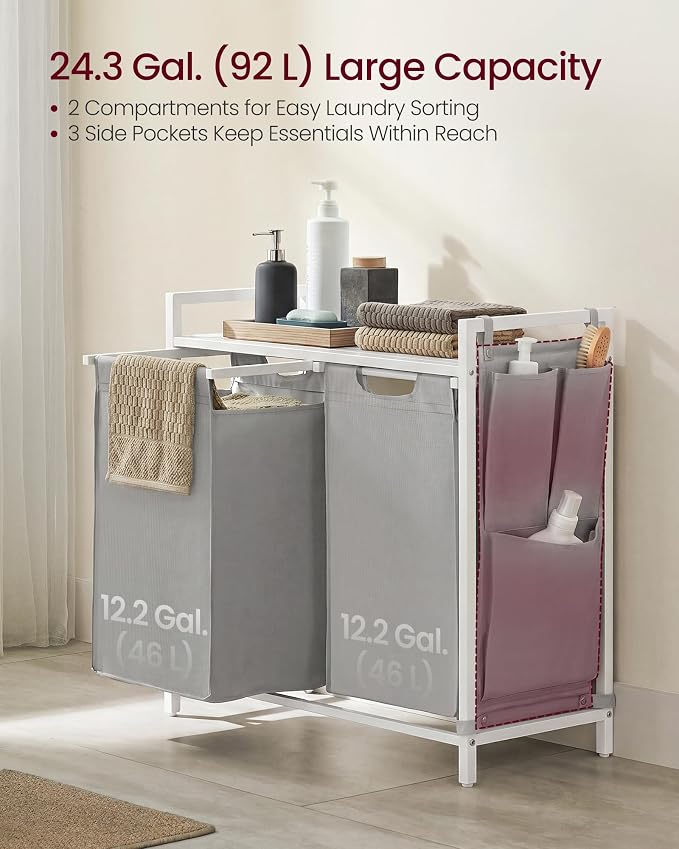 VASAGLE Laundry Hamper with Shelf, 2 Pull-Out Bags, 2 x 12.1 Gallons - Image 3