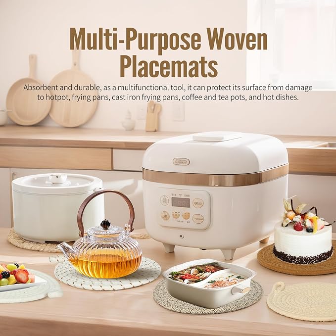 Hot Pads for Quartz Countertops with Storage Basket | 6-Pack 8-Inch Cotton Trivets for Hot Dishes & Pots | Machine Washable Farmhouse Kitchen Decor