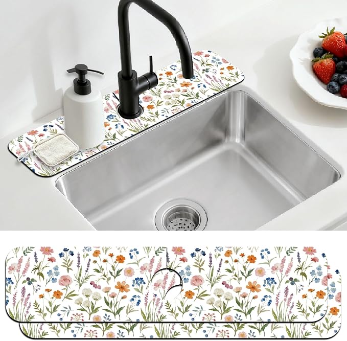 2 Pcs Kitchen Sink Splash Guard Faucet Mat Watercolor Plants Faucet Mat by CONCHLERY%E6%97%97%E8%88%B0%E5%BA%97