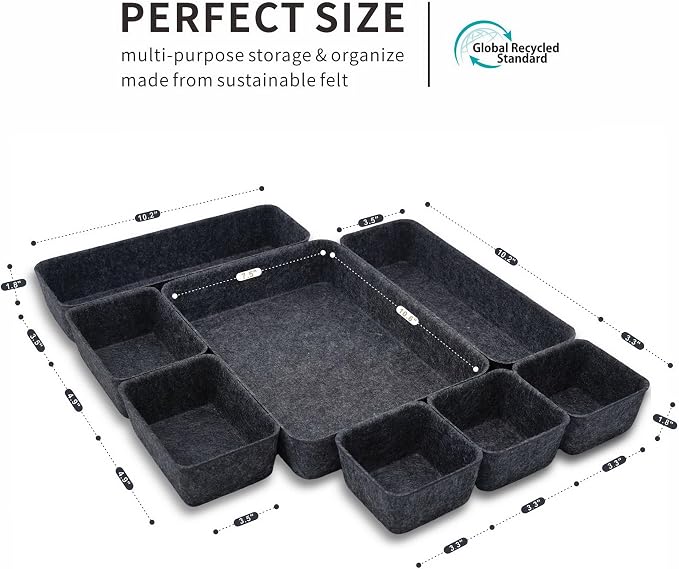 Minimalist Felt Desk Drawer Organizer 8-Piece Charcoal Storage Bins - Image 7