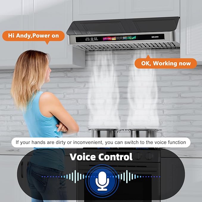 Under Cabinet Range Hood 36 Inch with Voice/Gesture/Touch Control, 900 CFM Stainless Steel & Upgraded Black Tempered Glass Ducted Kitchen Vent Hood with 4 Speed