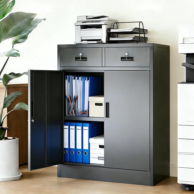 BESFUR Metal Storage Cabinet with Doors and Shelves, 36" H Locking Storage Cabinet with 2 Drawers, Black Metal Cabinets for Garage, Office, Home