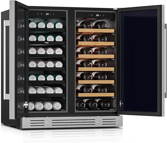 Yeego 30 Inch Wine & Beverage Cooler, Dual Zone 34–65°F, Holds 33 Wine Bottles & 80 Cans, Stainless Steel Door with Lock, Built-In or Under Counter Refrigerator for Indoor & Covered Outdoor Use