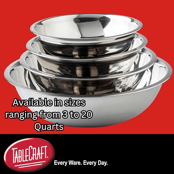 TableCraft 828 Stainless Steel Mixing Bowl, 13 Quart, Lightweight and Durable, Professional Grade for Baking and Prep, Ideal for Kitchens or Bakeries, 16.25" x 16.25" x 4.75, Silver
