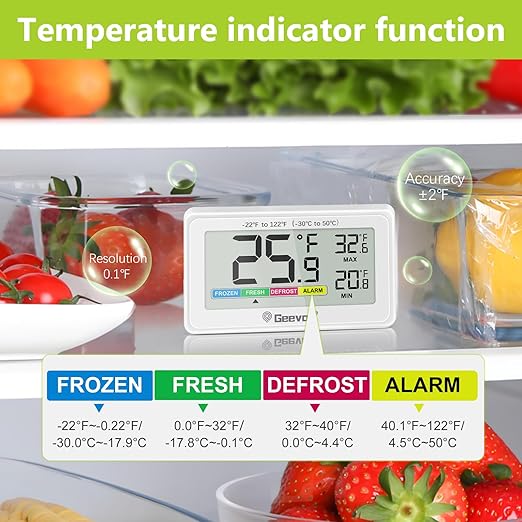 Geevon Digital Refrigerator Thermometer 4 Pack,IP65 Waterproof Fridge and Freeze Thermometer with Magnetic Back Large LCD,Max/Min Record Function for Home,Commercial