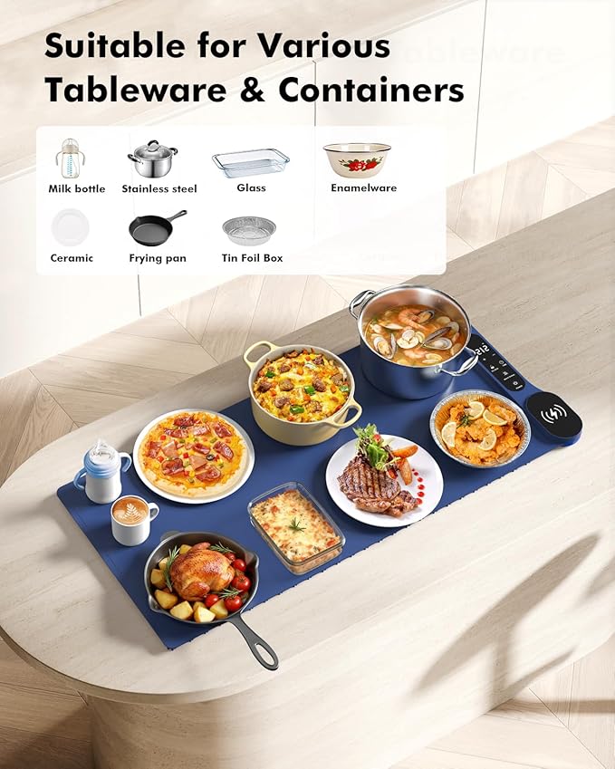 New Food Warming Mat with Wireless Charger, 34”x15” Extra Large Roll Up Food Warmer, Fast Heating Mat for Food with 7 Level Temperature & 8 Hours Timer, Electric Warming Trays for Buffets Party (Blue)