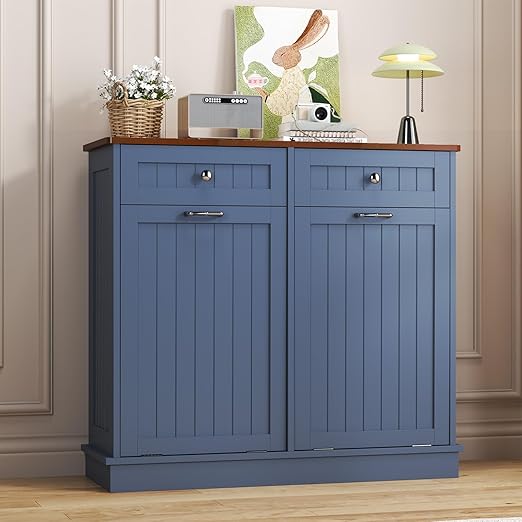 Tilt Out Trash Can Cabinet with Double Hidden Trash Bin Holder, Kitchen Free Standing Recycling Cabinet,Dog Proof Trash Can,Wood, Blue