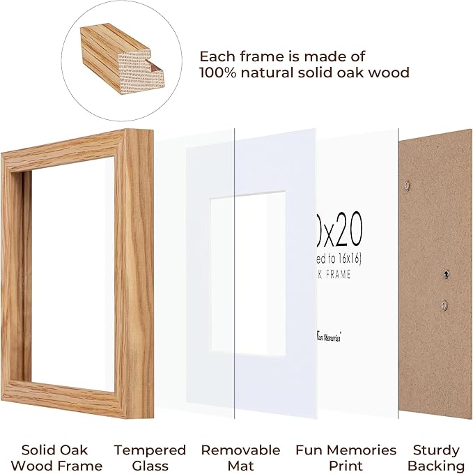 20x20 Picture Frame, Solid Oak Wood 20 by 20 Frame, Square Picture Frame 20 x 20 with mat for 16 x 16, 20x20 Wood Frame for Home Decor, 20 x 20 Poster Frame, Tempered Glass, Natural Oak Color, 1 Pack