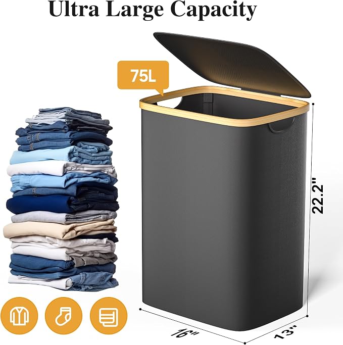Foluck Large Laundry Hamper, 75L Waterproof Laundry Basket - Image 2