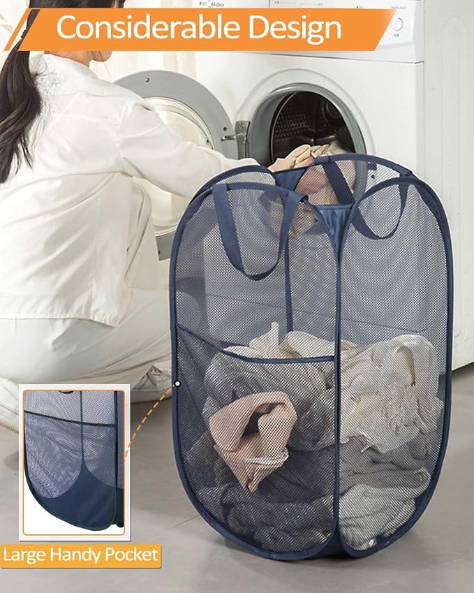 Bemkoo Navy Blue Durable Foldable Laundry Hamper, 22.8 x 14.2 x 14.2 inches - Image 5