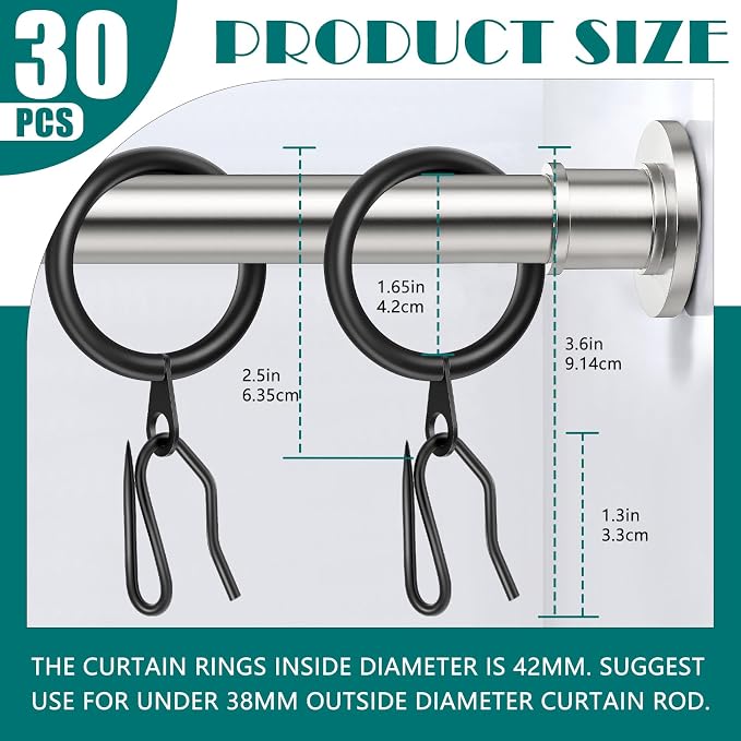 30Pcs 42mm Interior Diameter Metal Curtain Rings and Curtain Drapery Pin | - Image 2