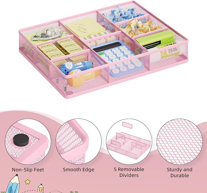 Marbrasse 2P Pink Desk Drawer Organizer, Metal Mesh Drawer Organizer Tray - Image 5