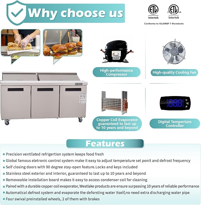 WESTLAKE 72" W 3 Door Refrigerator Sandwich&Salad Prep Table Commercial Stainless Steel Counter Fan Cooling Refrigerator with 18 pans-72 Inches for Restaurant, Bar, Shop, etc