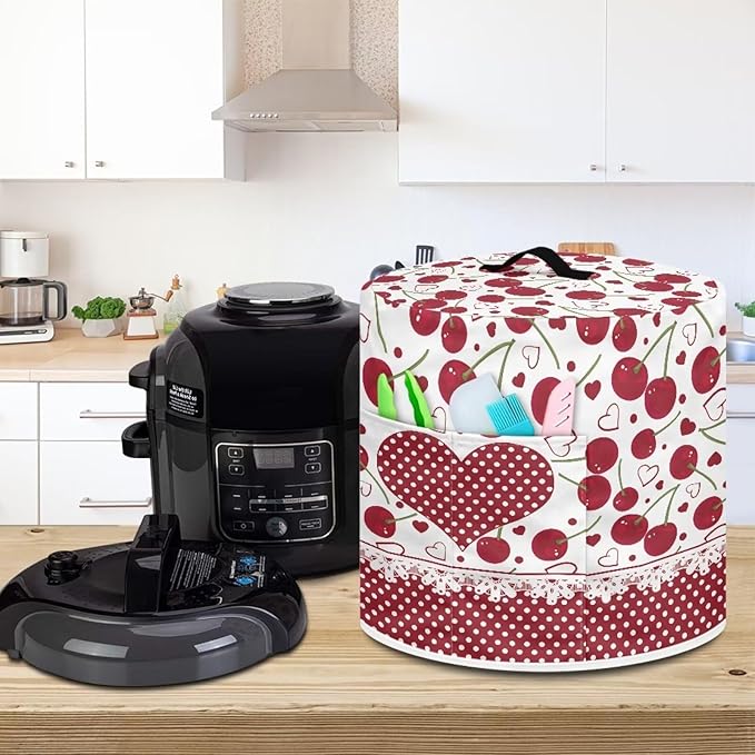 TODIYADDU Red Love Heart Air Fryer Cover for 3 Quart Instant Pot Cherry Fruit Print Kitchen Appliance Dust Cover with Pocket Lightweight Round Protective Cover for Rice Cooker Coffee Maker