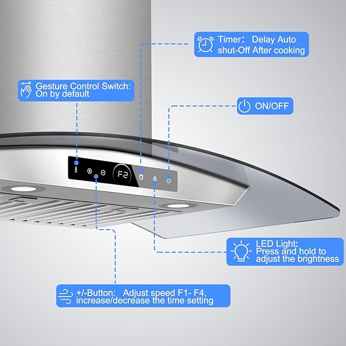 30 inch Wall Mount Range Hood, 1200 CFM with 4-Speed Gesture Sensing & Touch Control, Stainless Steel Kitchen Stove Vent Hoods with 2 LED Lights, Time Setting, Dishwasher-Safe Baffle Filters